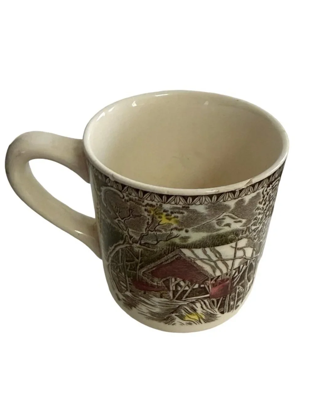 Vintage Made in England Scenic Transferware Mug Covered Bridge Mill Landscape